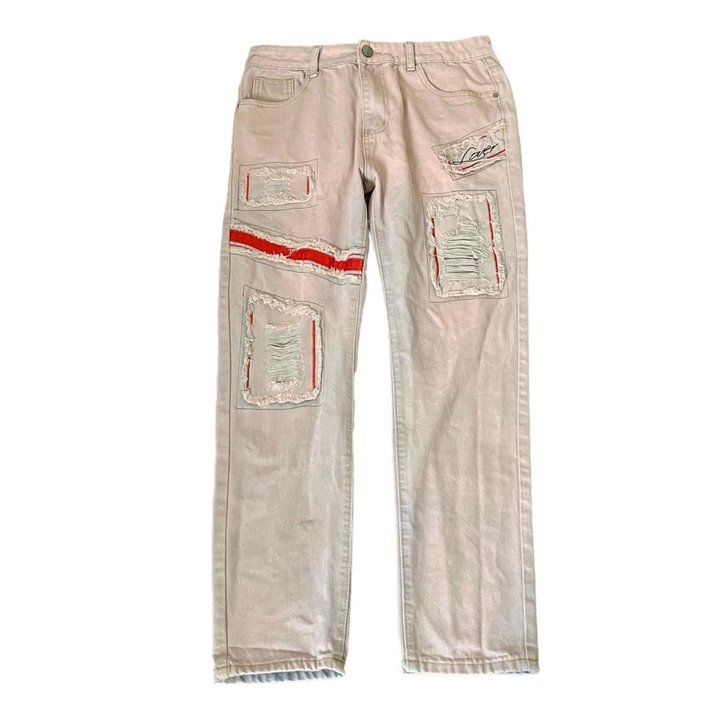 Pink Distressed Patchwork Jeans Size 32 Red Accent Streetwear Style